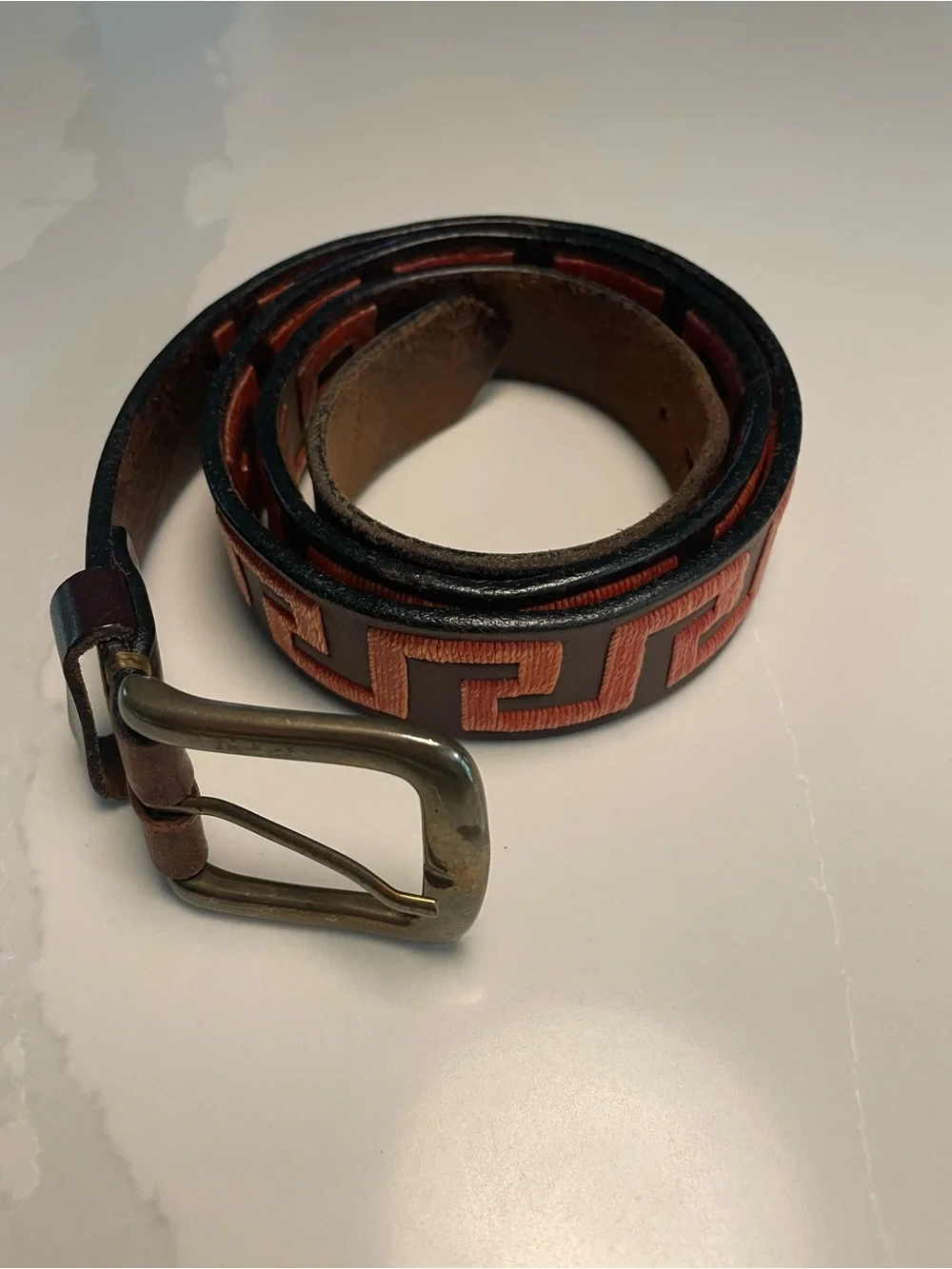Tato’s  Men's Brown Leather Polo  Belt with Orange Geometric Embroidery 38